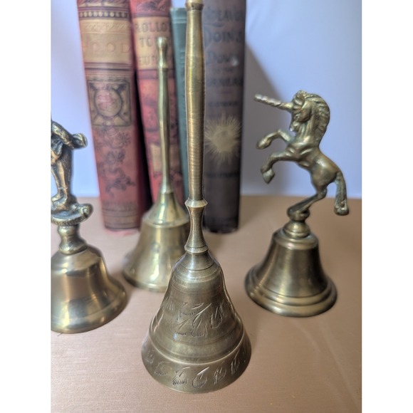 Vintage Brass Bells Set of 4 Unicorn Man Figurine Engraved Etched‎ - Picture 5 of 9